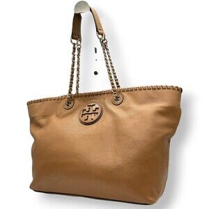 Tory Burch Marion Tote Bag, Chain, Leather, Beige, Camel, Braided, Women's, S...